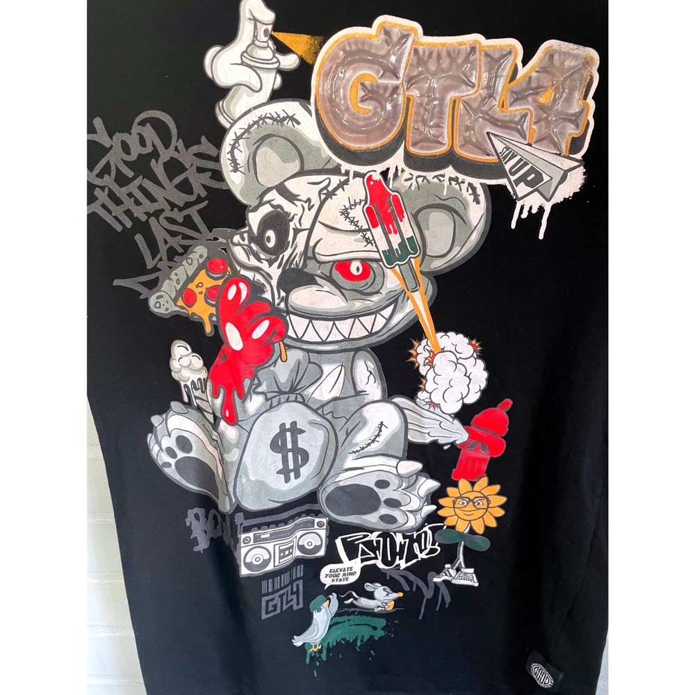 GT4 Mens Black Graphic T Shirt Graffiti Bear Dollar Bag Print Size Medium - Picture 3 of 5